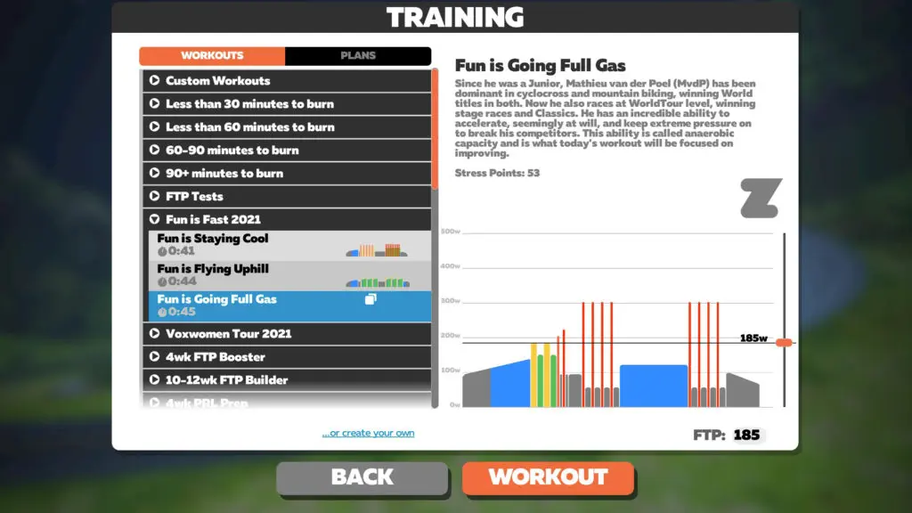 Menu screen for Zwift workouts.