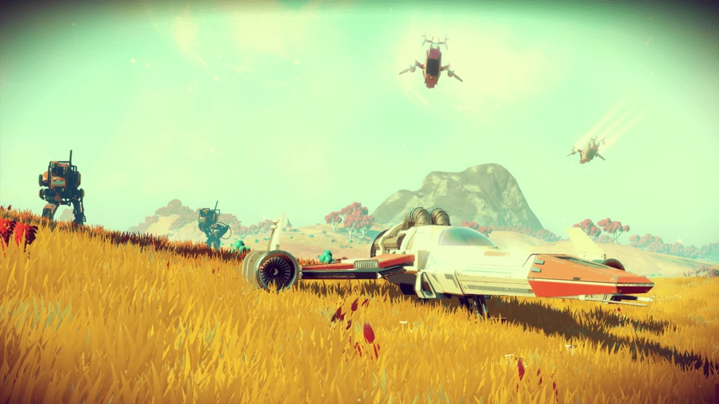 No Man's Sky Screenshot showing your ship and a beautiful planet with a green sky and yellow flora.