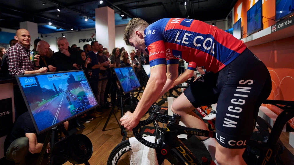 Bradley Wiggins using Zwift on a Pinarello