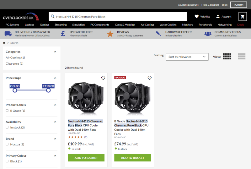 Screen grab of Overclockers UK website comparing pricing of standard and B-Grade item