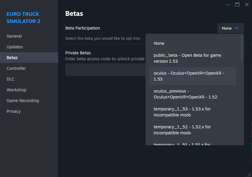 Euro Truck Simulator 2 Steam Beta selection page